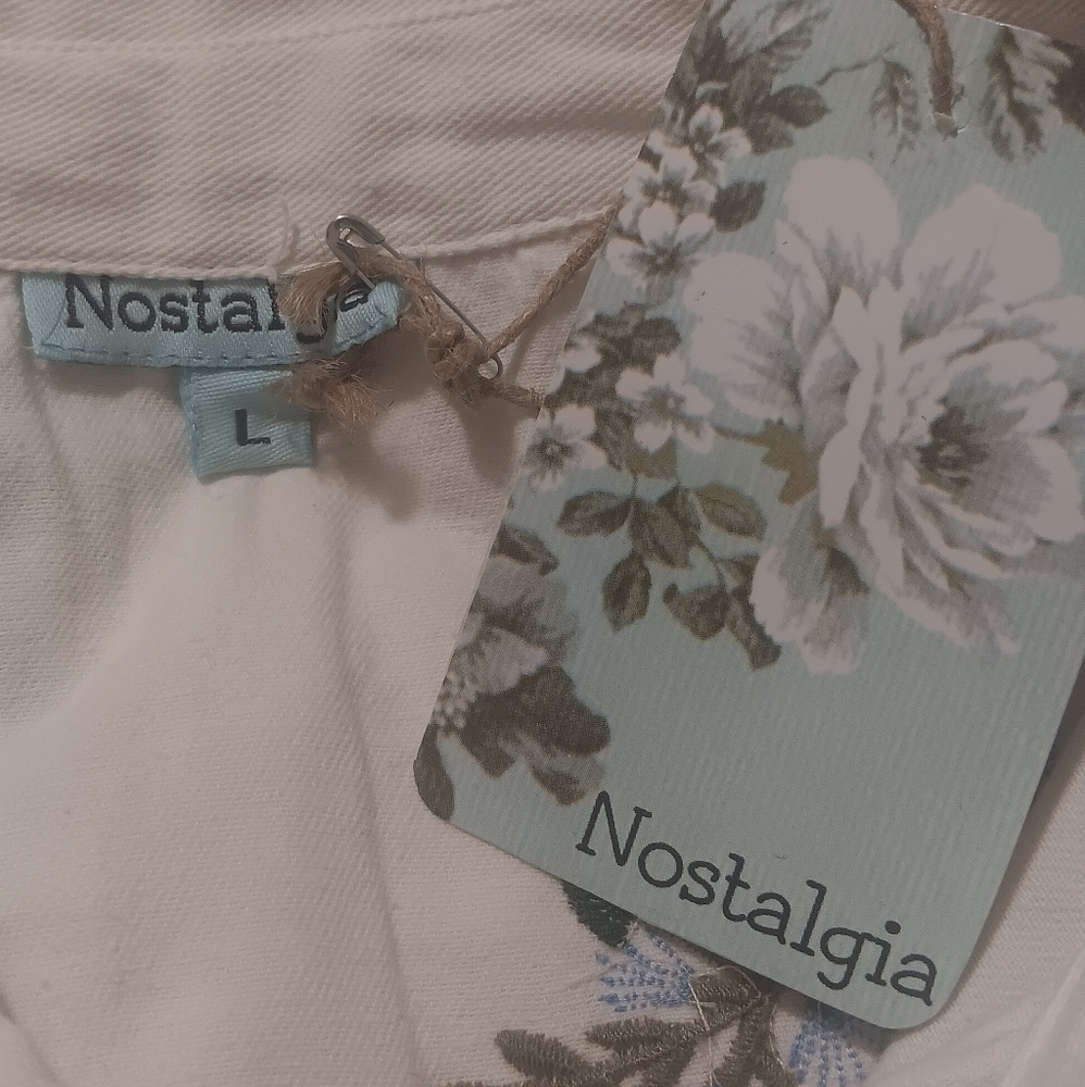 Boho Embroidered Top Floral Denim Women White SzL‎ High-Low - Picture 6 of 15